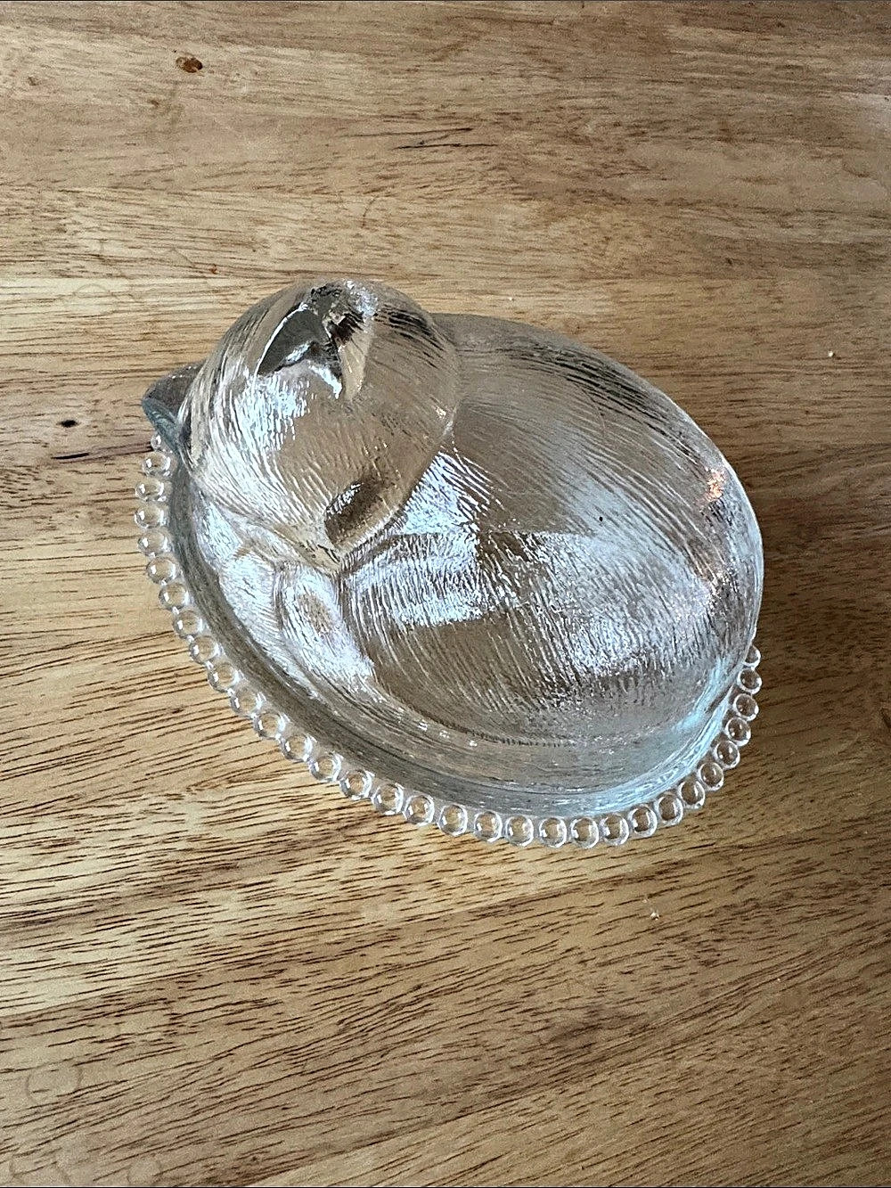 Indiana Glass Sleeping Cat on Nest Covered Dish Clear Covered Dish